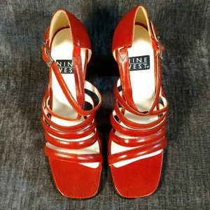 Nine West Strappy Orange Sandal, Size 8M.